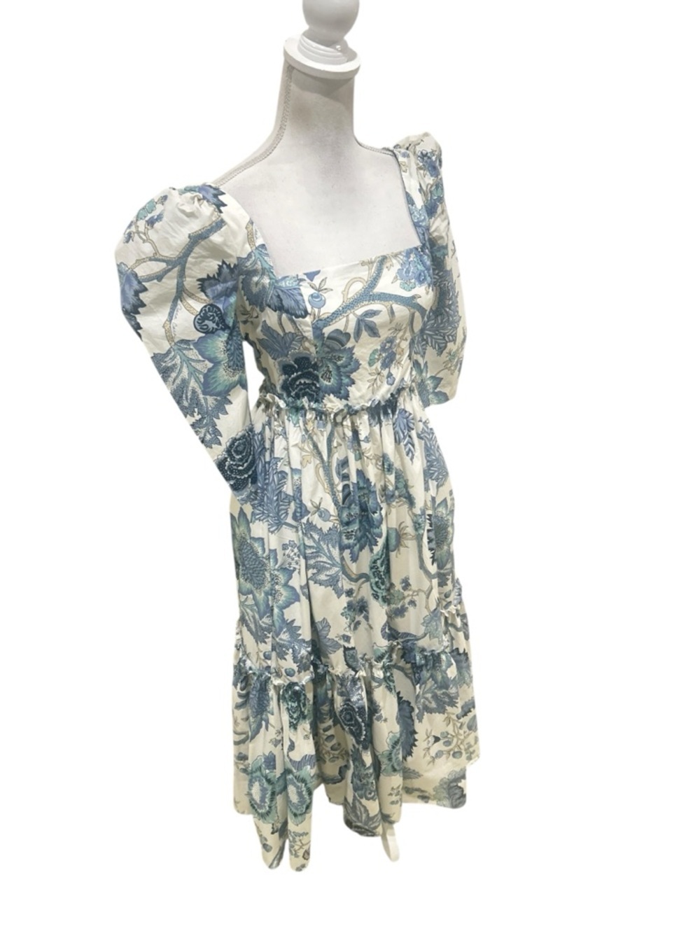 Cara Cara Blue & Cream Floral Square-Neck Midi Dress puff sleeve ruffle hem 2 - Picture 6 of 14